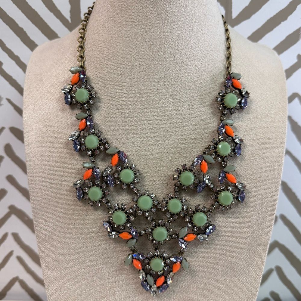 J Crew Green Multi Rhinestone Statement Necklace